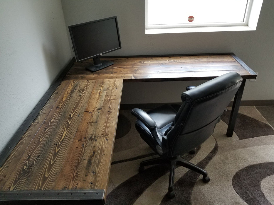 Custom L-Shaped Desk Reclaimed Distressed Industrial Style with 2x2 legs, large keyboard tray, wood drawer, free shipping
