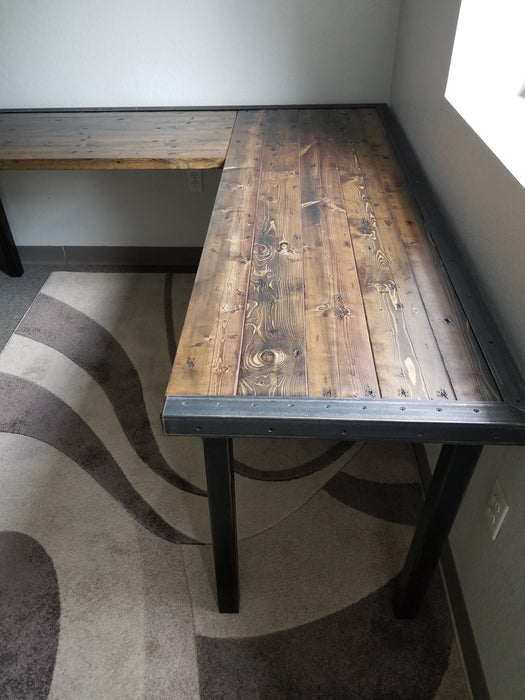 Custom L-Shaped Desk Reclaimed Distressed Industrial Style with 2x2 legs, large keyboard tray, wood drawer, free shipping