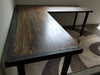 Custom L-Shaped Desk Reclaimed Distressed Industrial Style with 2x2 legs, large keyboard tray, wood drawer, free shipping