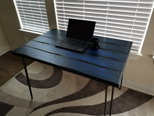 Fresh Bruise Blue Reclaimed Distressed Industrial Wood Desk with rebar hairpin legs