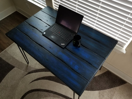 Fresh Bruise Blue Reclaimed Distressed Industrial Wood Desk with rebar hairpin legs