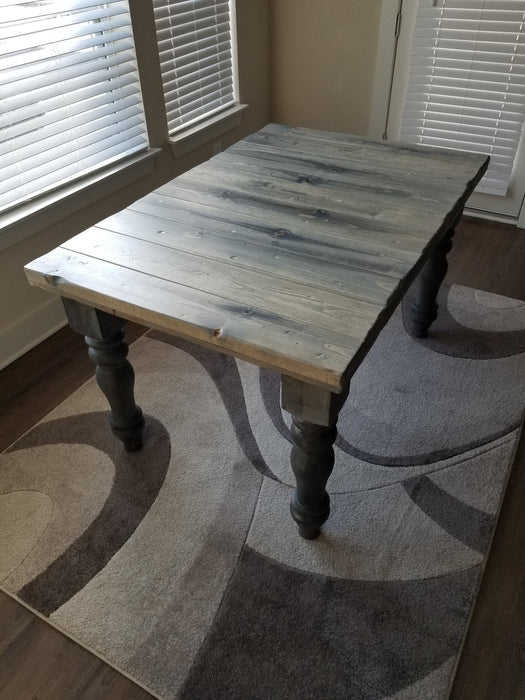 Farmhouse Dining Table Reclaimed Distressed Solid Wood with Chunky Wood Legs and Custom Stain