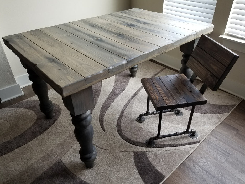 Farmhouse Dining Table Reclaimed Distressed Solid Wood with Chunky Wood Legs and Custom Stain