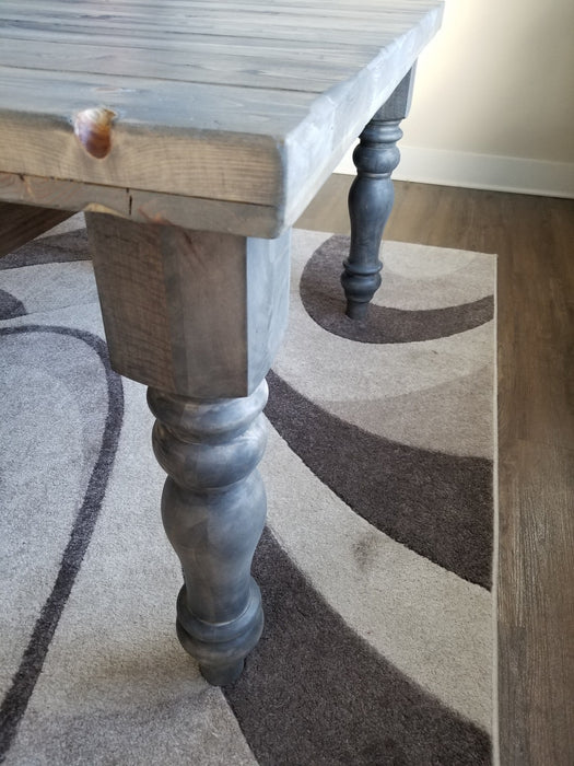 Farmhouse Dining Table Reclaimed Distressed Solid Wood with Chunky Wood Legs and Custom Stain