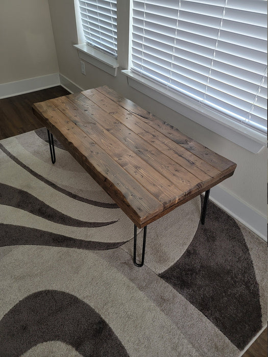 Custom Old Growth Style Coffee Table - 3 inch thick top Distressed with Hairpin legs