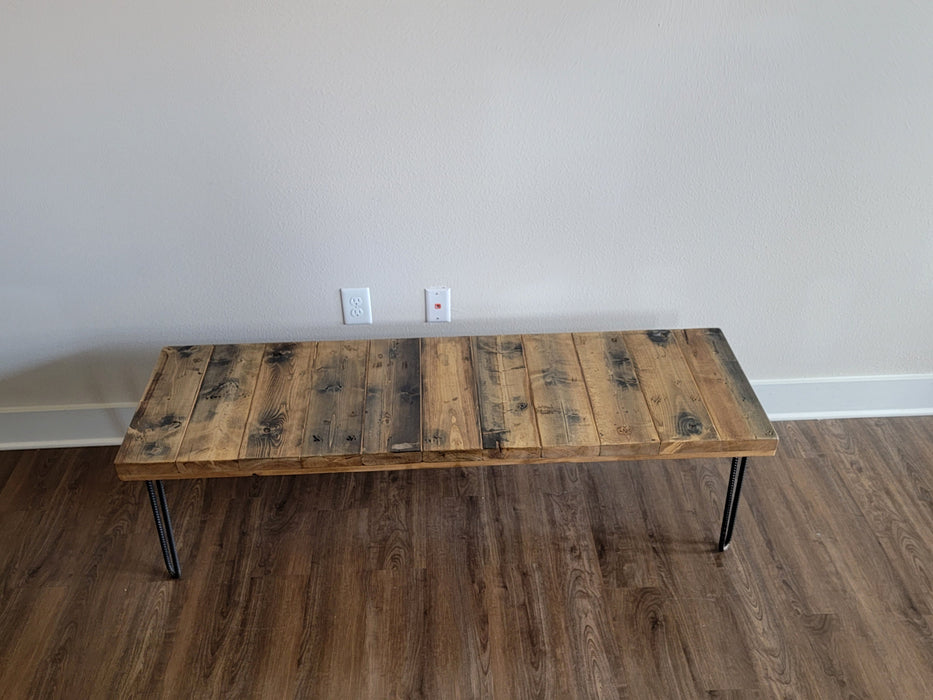 Wooden Thick and Chunky Bench Reclaimed Distressed Custom Heavy Duty hairpin legs, Lots of Character