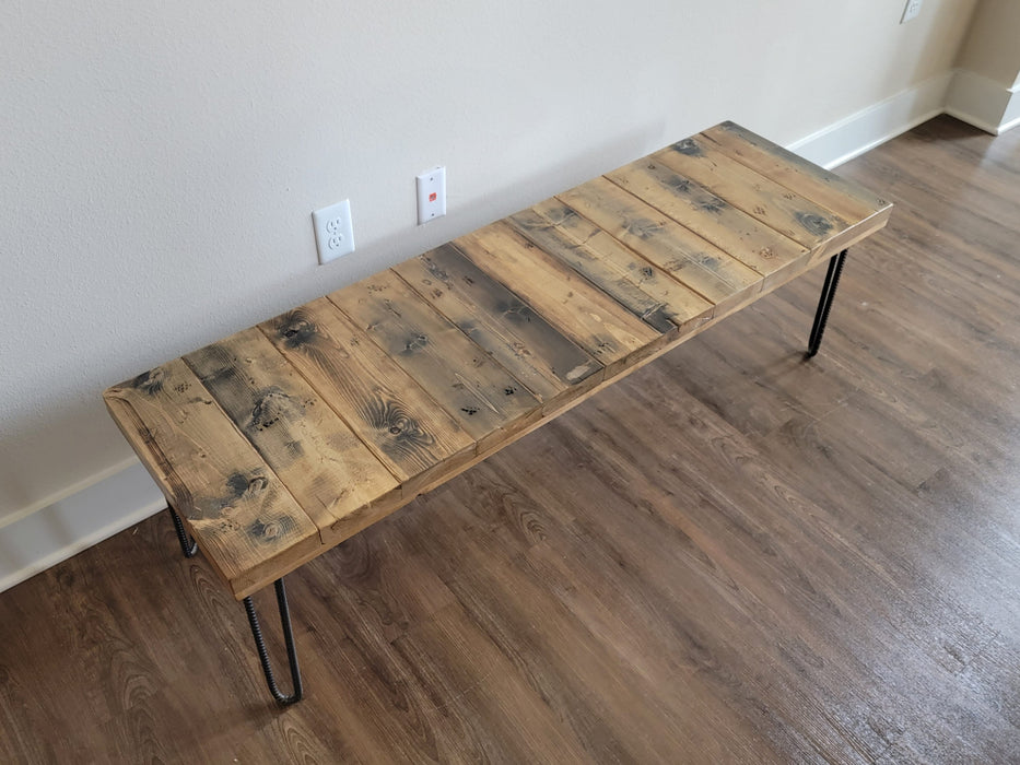 Wooden Thick and Chunky Bench Reclaimed Distressed Custom Heavy Duty hairpin legs, Lots of Character