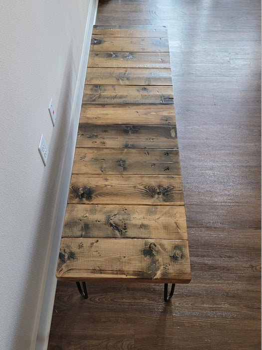 Wooden Thick and Chunky Bench Reclaimed Distressed Custom Heavy Duty hairpin legs, Lots of Character