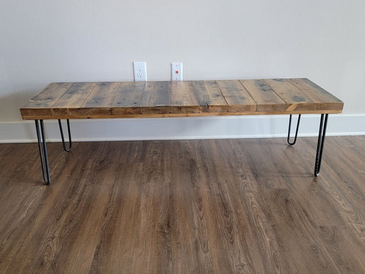Wooden Thick and Chunky Bench Reclaimed Distressed Custom Heavy Duty hairpin legs, Lots of Character