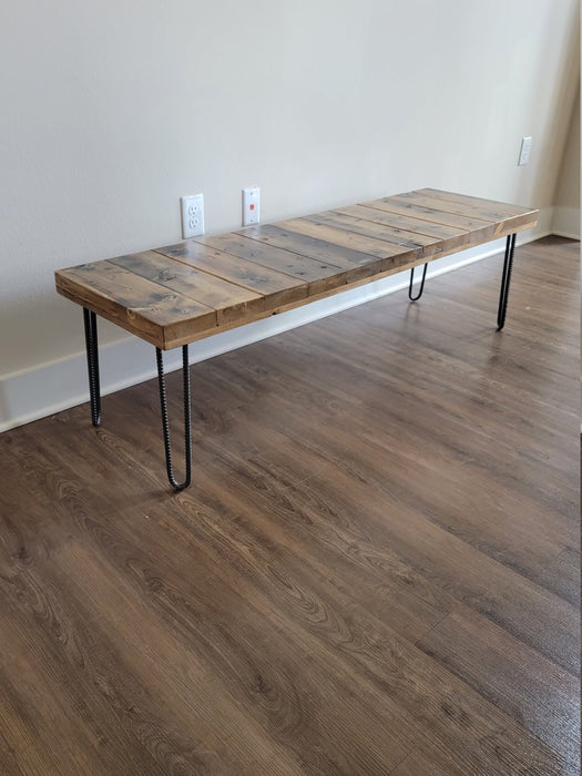 Wooden Thick and Chunky Bench Reclaimed Distressed Custom Heavy Duty hairpin legs, Lots of Character