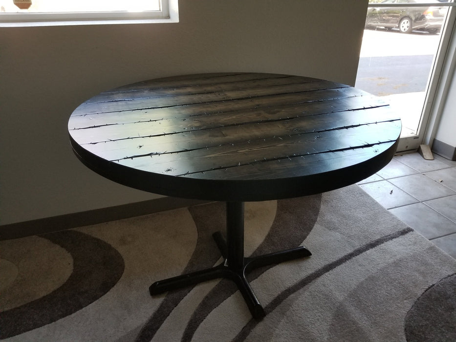 Tortured Reclaimed Distressed Round Dining Table, Hairpin Legs, Pedestal Base, or 2x2 Legs. Any Size