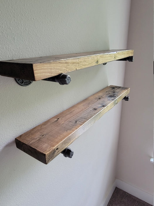 Single Pipe Shelf - Everything Included to Mount to Drywall or Wood - Shelves made with Reclaimed Distressed Wood
