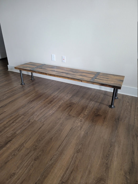 Reclaimed Distressed Custom Industrial Bench, Sofa Table. Hallway Table, wood, Iron Pipe legs, Lots of Character.