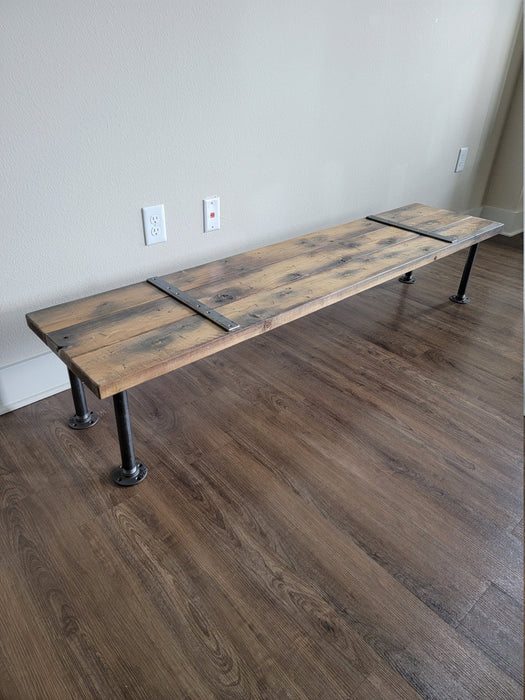 Reclaimed Distressed Custom Industrial Bench, Sofa Table. Hallway Table, wood, Iron Pipe legs, Lots of Character.
