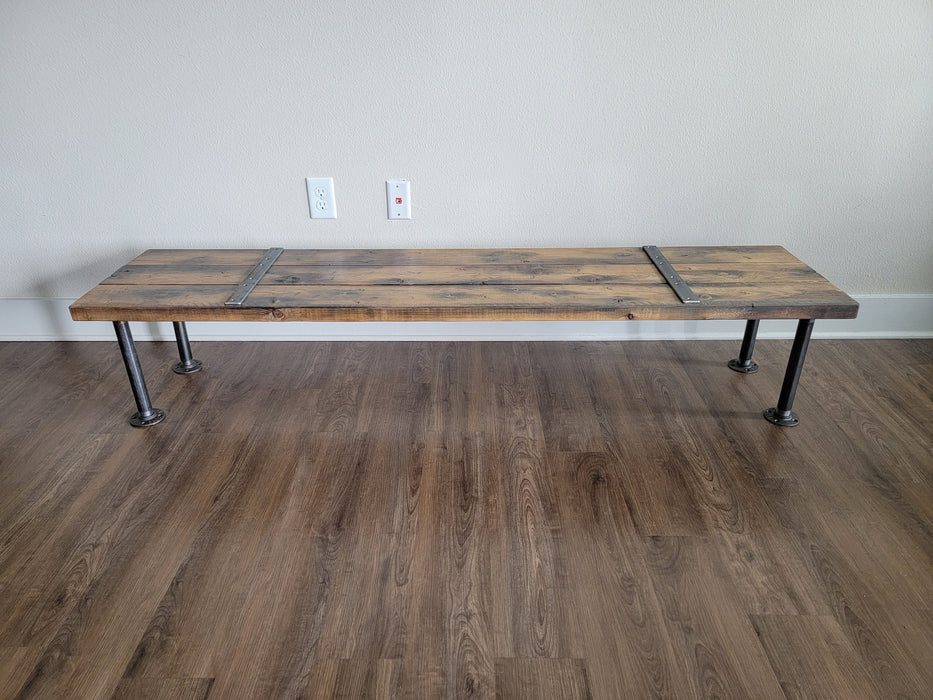 Reclaimed Distressed Custom Industrial Bench, Sofa Table. Hallway Table, wood, Iron Pipe legs, Lots of Character.
