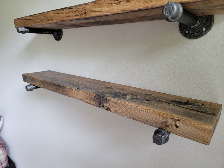 Single Pipe Shelf - Everything Included to Mount to Drywall or Wood - Shelves made with Reclaimed Distressed Wood