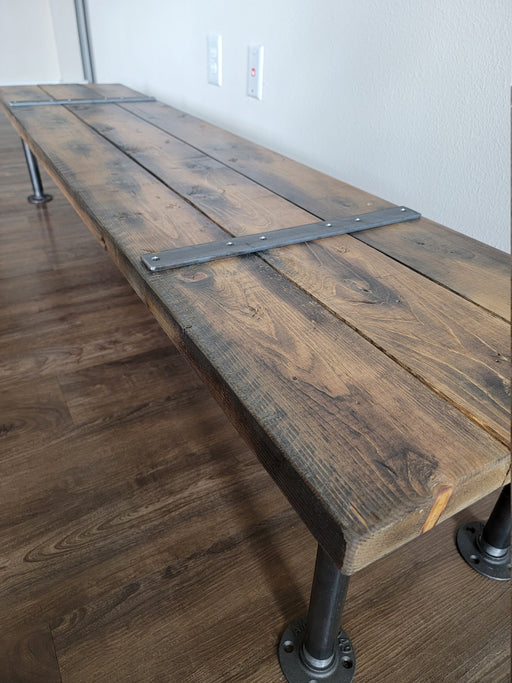 Reclaimed Distressed Custom Industrial Bench, Sofa Table. Hallway Table, wood, Iron Pipe legs, Lots of Character.