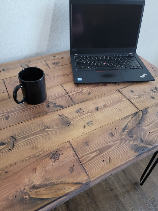 Sale! Chunky Log Reclaimed Distressed Industrial Wood Desk with rebar hairpin legs