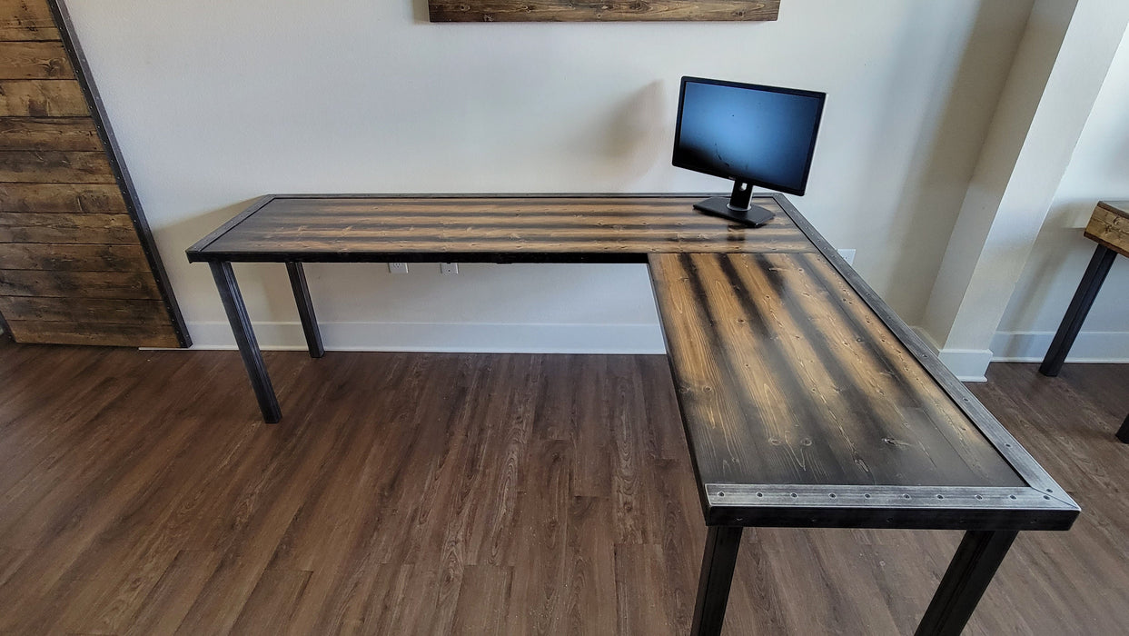 Any Size - Tortured Writing Desk L-Shaped Reclaimed Distressed Industrial Style with 2x2 legs free shipping