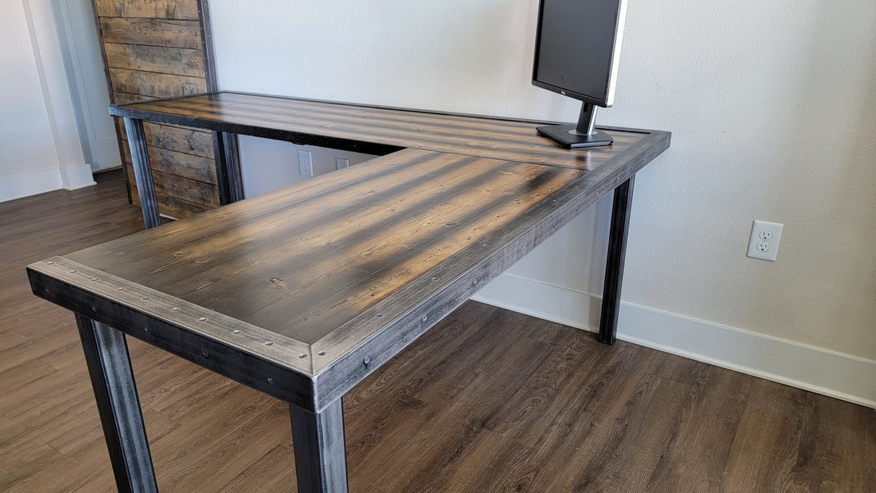 Any Size - Tortured Writing Desk L-Shaped Reclaimed Distressed Industrial Style with 2x2 legs free shipping