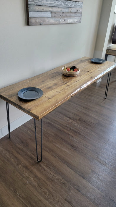 Alive Edge Reclaimed Distressed Dining Table with Hairpin Legs with Live Edges