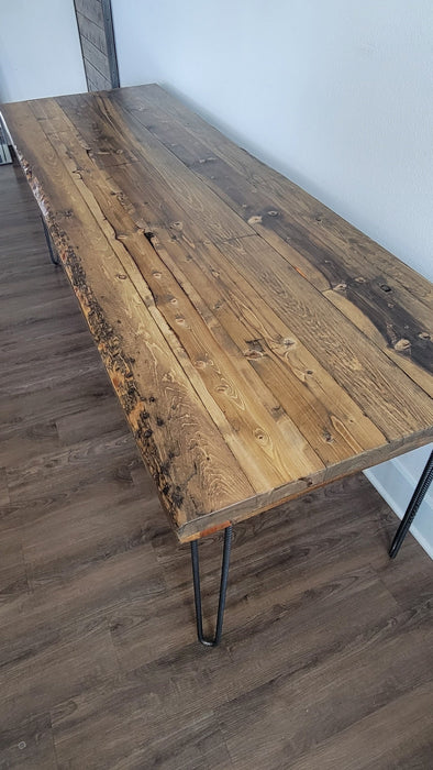 Alive Edge Reclaimed Distressed Dining Table with Hairpin Legs with Live Edges