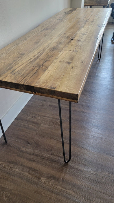 Alive Edge Reclaimed Distressed Dining Table with Hairpin Legs with Live Edges