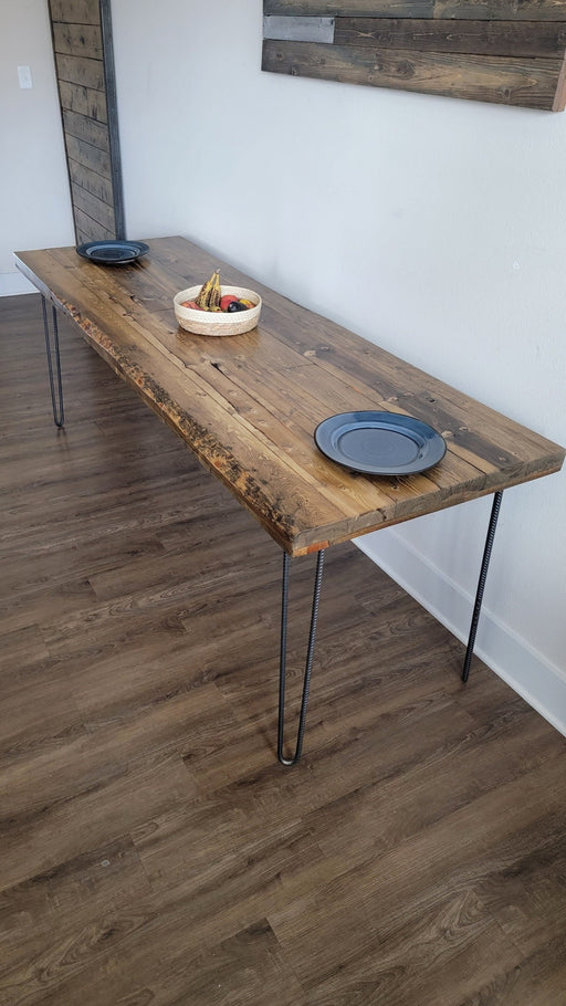 Alive Edge Reclaimed Distressed Dining Table with Hairpin Legs with Live Edges