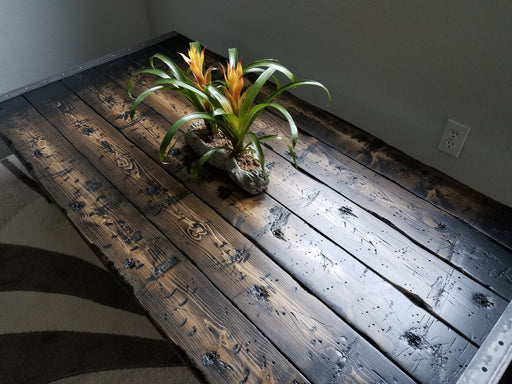 Tortured Reclaimed Distressed Custom Made Industrial Coffee Table, Wood, raw steel trim and straight steel legs