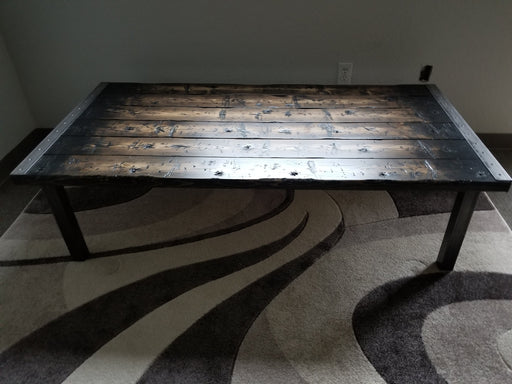 Tortured Reclaimed Distressed Custom Made Industrial Coffee Table, Wood, raw steel trim and straight steel legs