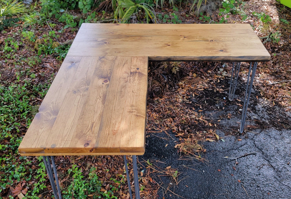 Any Size - 2.25" Custom L-Shaped Desk Reclaimed Distressed with Hairpin legs
