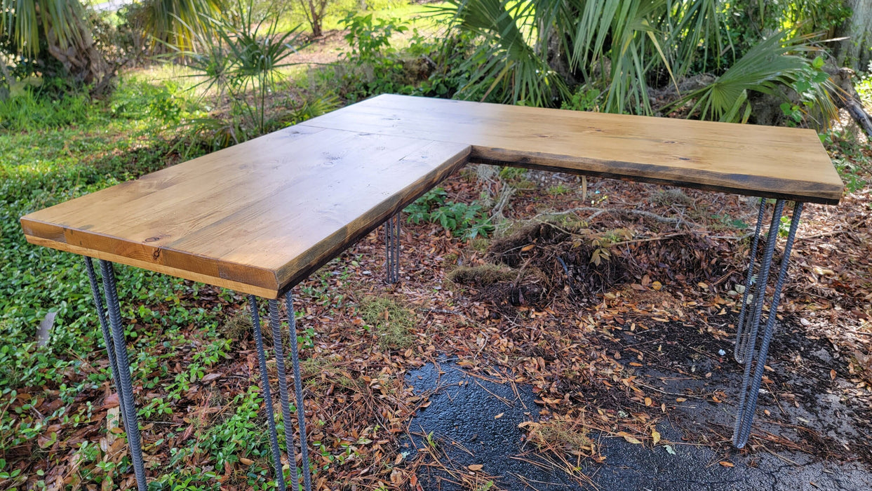 Any Size - 2.25" Custom L-Shaped Desk Reclaimed Distressed with Hairpin legs
