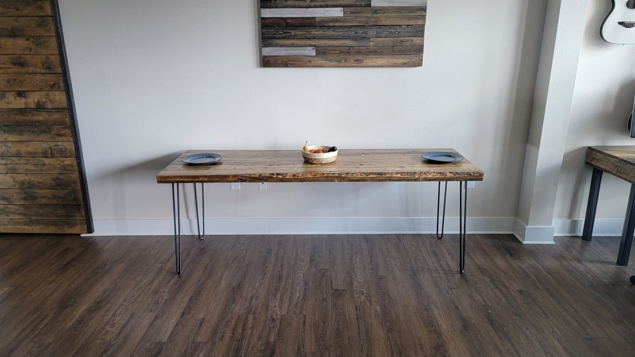 Alive Edge Reclaimed Distressed Dining Table with Hairpin Legs with Live Edges