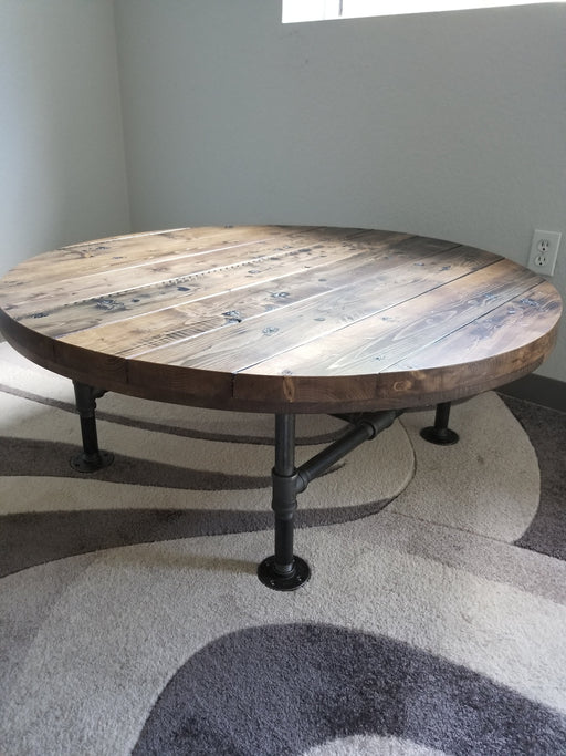 Reclaimed Distressed Round Coffee Table. Heavy Duty Iron Pipe legs. Choose size and height.