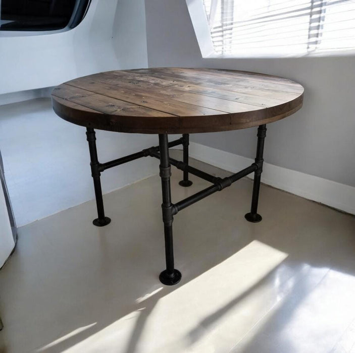 Reclaimed Distressed Round Dining Table. Heavy Duty Iron Pipe legs. Choose size and height.
