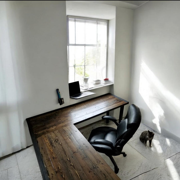 Custom L-Shaped Desk Reclaimed Distressed Industrial Style with 2x2 legs, large keyboard tray, wood drawer, free shipping
