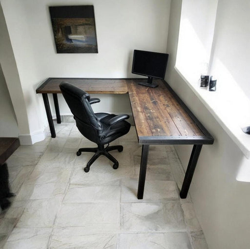 Custom L-Shaped Desk Reclaimed Distressed Industrial Style with 2x2 legs, large keyboard tray, wood drawer, free shipping