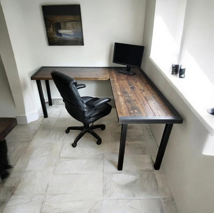 Custom L-Shaped Desk Reclaimed Distressed Industrial Style with 2x2 legs, large keyboard tray, wood drawer, free shipping