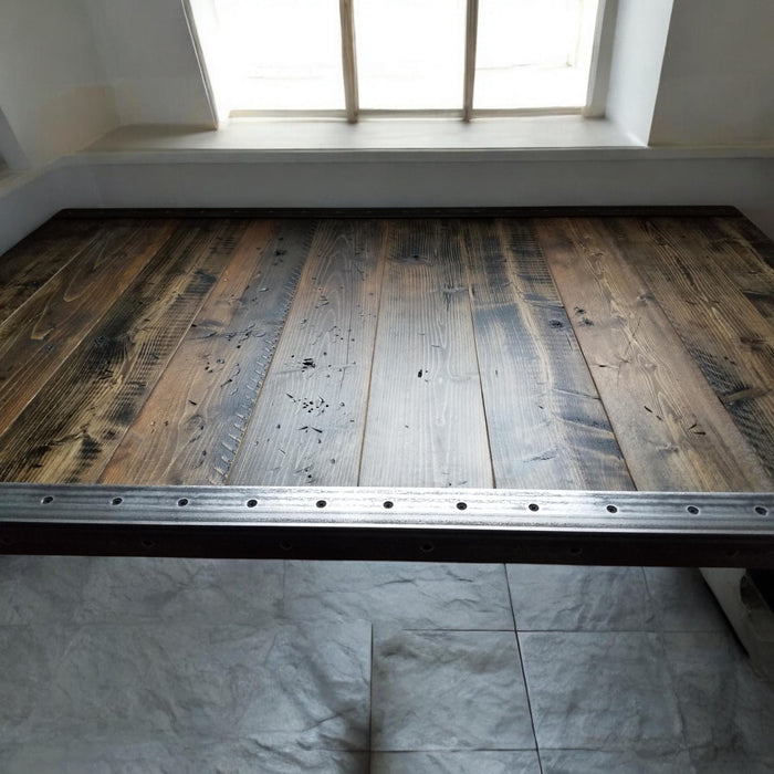Reclaimed Distressed Custom built Industrial Coffee Table, Wood, raw steel trim and hairpin legs