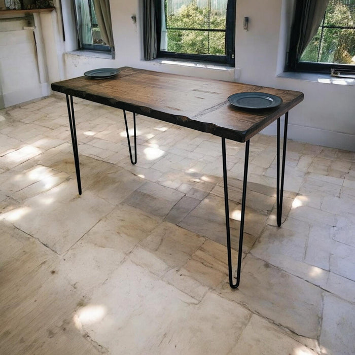 Unhinged Wood Dining Table Reclaimed Distressed with hairpin legs