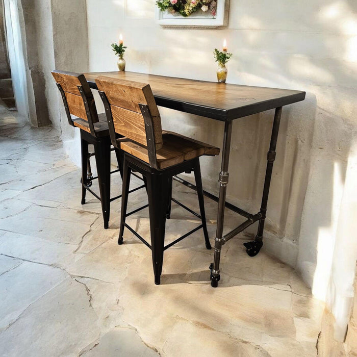 Sunburst Bar Table with Locking Casters and Iron Pipe legs Pub Height Counter Height Dining Table with Reclaimed Distressed Wood