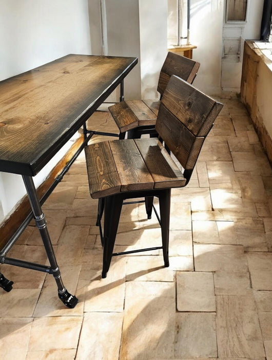 Sunburst Bar Table with Locking Casters and Iron Pipe legs Pub Height Counter Height Dining Table with Reclaimed Distressed Wood