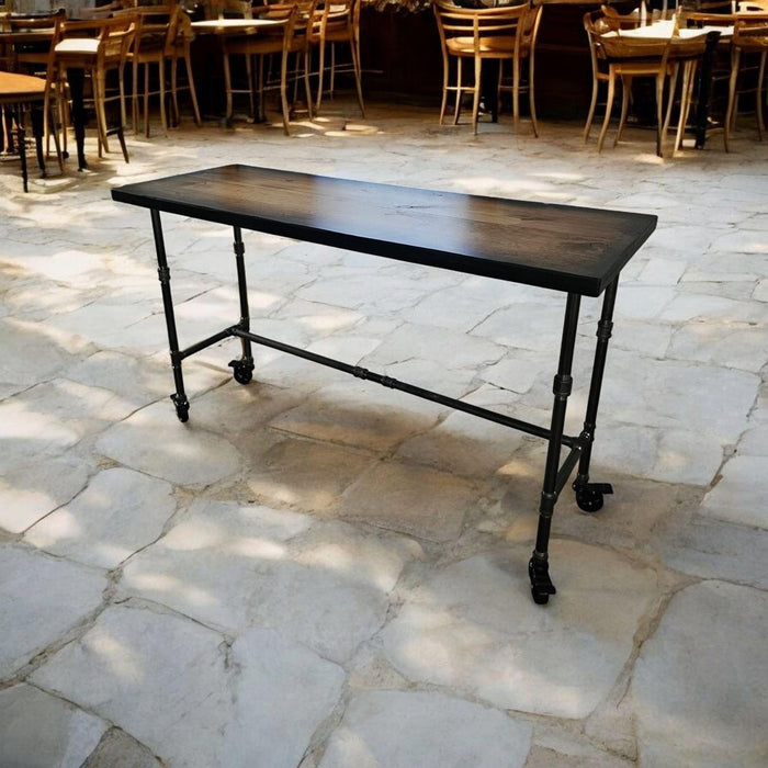Sunburst Bar Table with Locking Casters and Iron Pipe legs Pub Height Counter Height Dining Table with Reclaimed Distressed Wood