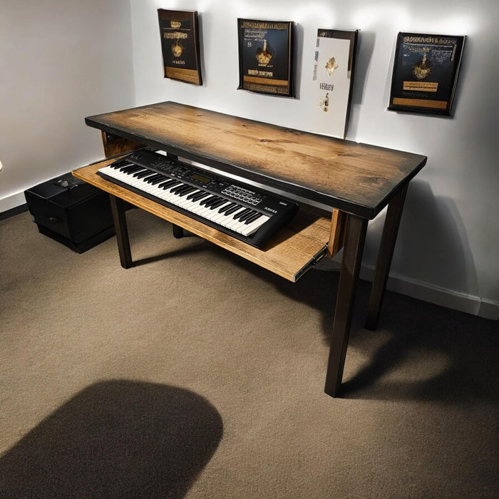 Heavy Duty Desk with Keyboard Tray For Studio Musician Gaming Piano Sunburst Table with Straight Steel 2x2 legs