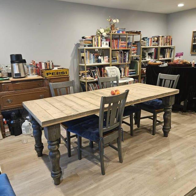 Custom Farmhouse Dining Table Reclaimed Distressed Solid Wood with Chunky Wood Legs