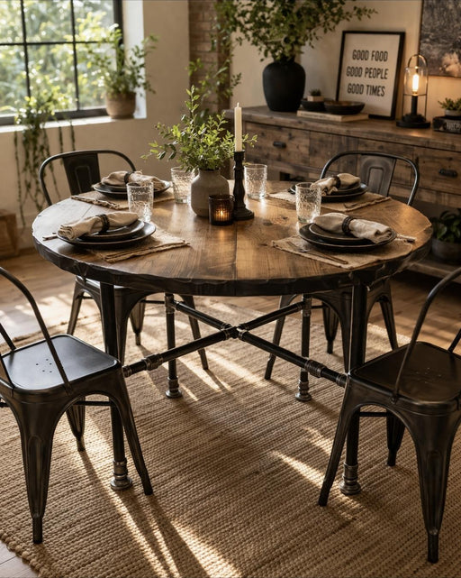 Reclaimed Distressed Round Dining Table with X Pipe Base. Standard , Counter , or Pub / Bar Height
