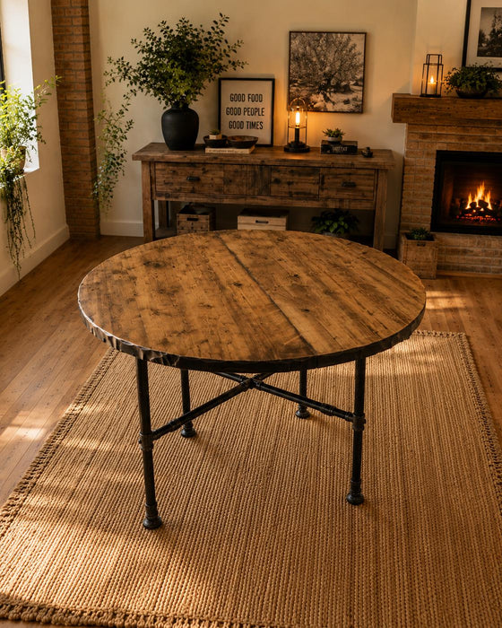 Reclaimed Distressed Round Dining Table with X Pipe Base. Standard , Counter , or Pub / Bar Height