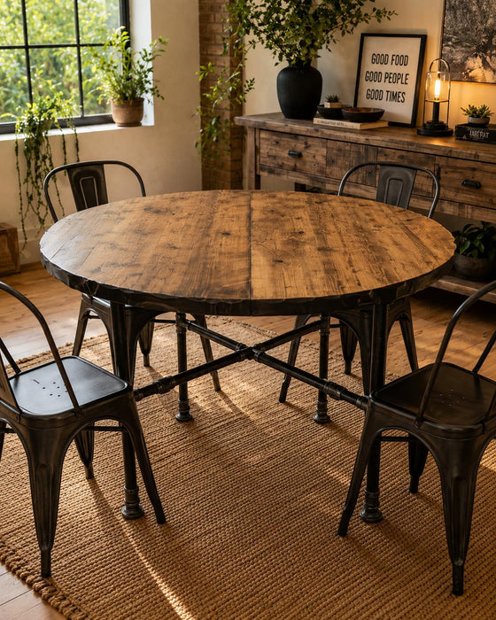 Reclaimed Distressed Round Dining Table with X Pipe Base. Standard , Counter , or Pub / Bar Height
