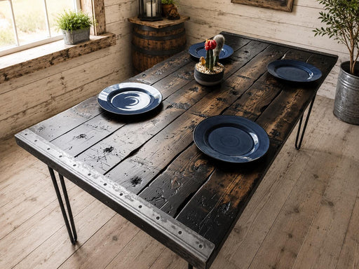 Tortured Reclaimed Distressed Industrial Wood Dining Table with hairpin legs