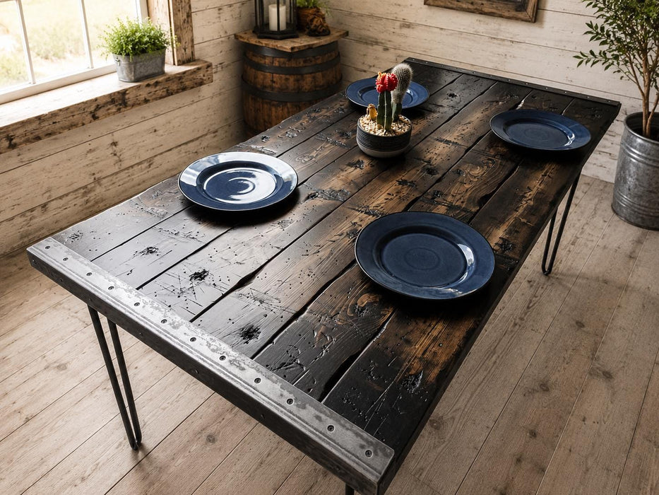 Tortured Reclaimed Distressed Industrial Wood Dining Table with hairpin legs